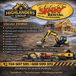 HIGHLANDERS GROUP SPÓŁKA Z OGRANICZONĄ ODPOWIEDZIALNOŚCIĄ - Żółta koparka na tle budowy domu i gór. Reklama usług ziemnych i wypożyczalni sprzętu budowlanego Highlanders Group i Skalny Rental z Kościeliska.