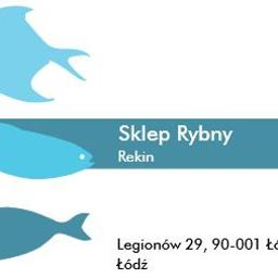Usługi Informatyczne - Wizytówka sklepu rybnego 'Rekin' z trzema stylizowanymi, błękitnymi rybami i adresem w Łodzi.