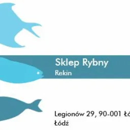 Wizytówka sklepu rybnego 'Rekin' z trzema stylizowanymi, błękitnymi rybami i adresem w Łodzi.