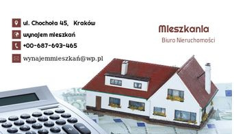 Wizytówka z adresem, numerem telefonu i adresem e-mail, obok kalkulator i model domu na tle banknotów.