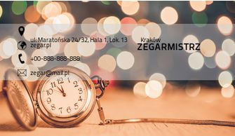 Wizytówka zegarmistrza z adresem, numerem telefonu i adresem e-mail na tle bokeh i otwartego zegarka kieszonkowego.