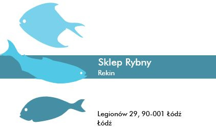 Wizytówka sklepu rybnego 'Rekin' z trzema stylizowanymi, błękitnymi rybami i adresem w Łodzi.