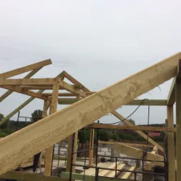 Drewniana konstrukcja domu w trakcie budowy, widoczne krokwie i słupy, w tle zarys lasu i pochmurne niebo.