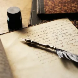 Starodawne pióro z kałamarzem i otwartą księgą na drewnianym stole, gotowe do pisania odręcznego tekstu.