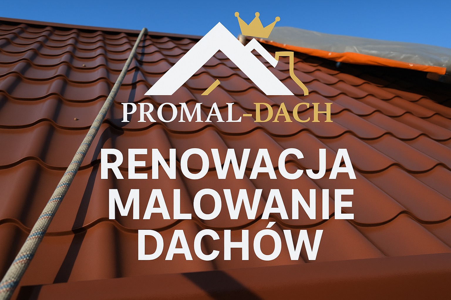 Czerwono-brązowy dach z blachy trapezowej po renowacji i malowaniu, z logotypem firmy z Wysokiej. Widoczna lina zabezpieczająca.