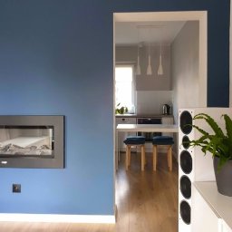 Jarońska Wnętrza projektowanie wnętrz - Salon z kominkiem elektrycznym w zabudowie, widok na kuchnię przez otwarte przejście, drewniana podłoga, białe głośniki i roślina doniczkowa na szafce.