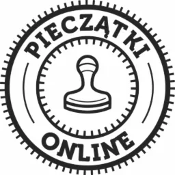 Czarno-białe logo firmy Pieczatki-online.eu przedstawiające stylizowaną pieczątkę w okręgu z ząbkowanym obramowaniem.