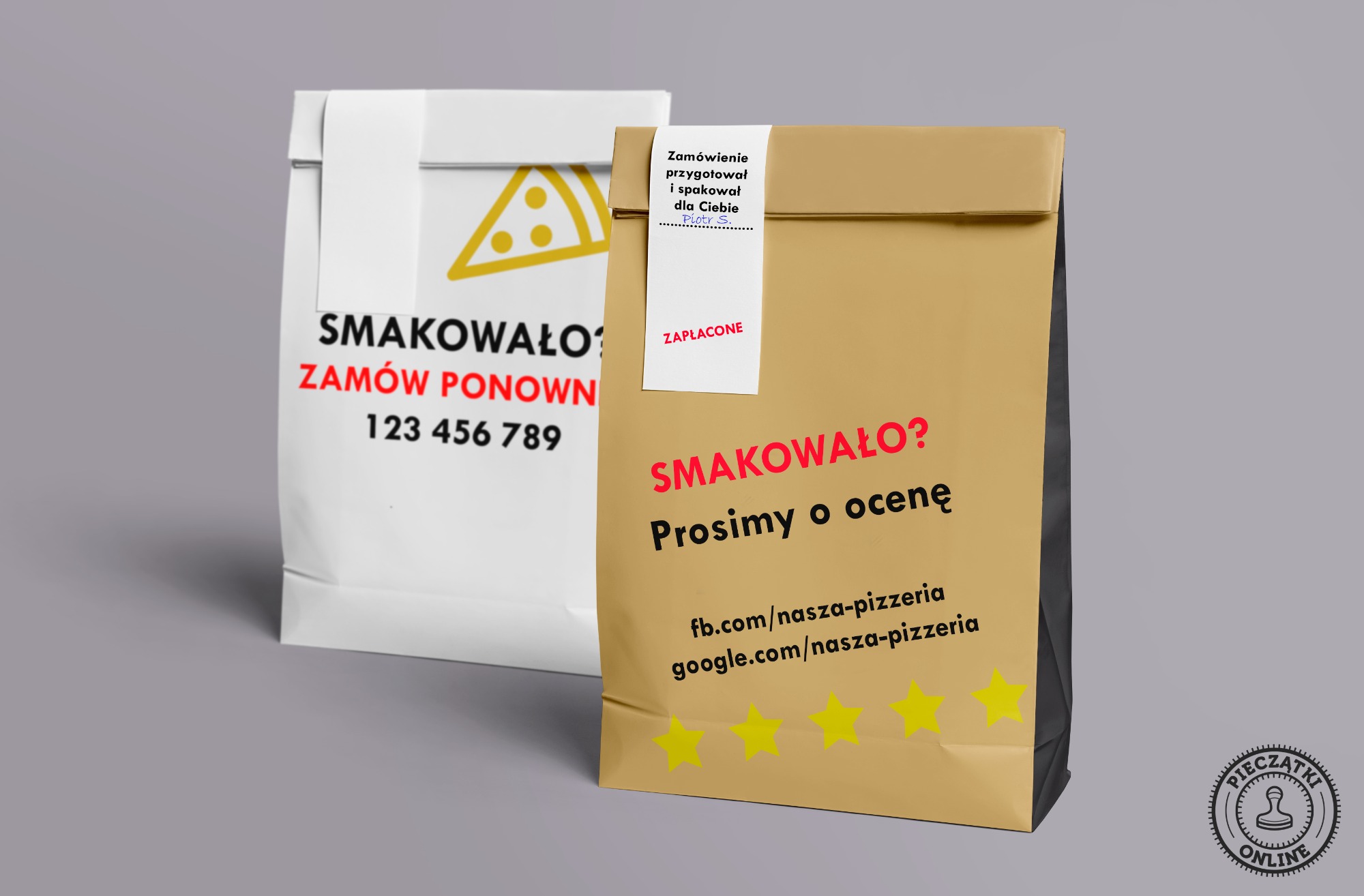 Dwie papierowe torby z nadrukiem reklamowym pizzerii: logo z pizzą, hasło 'Smakowało? Zamów ponownie' i numer telefonu na białej torbie, oraz hasło 'Smakowało? Prosimy o ocenę' z linkami do mediów...