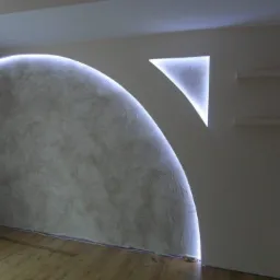 Dekoracyjna ściana z oświetleniem LED w kształcie łuku i trójkąta, wykończona gładzią strukturalną, widoczne drewniane panele podłogowe i minimalistyczne półki.