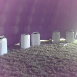 Rząd przenośnych klimatyzatorów ustawionych na trawie wewnątrz napompowanego namiotu w kolorze liliowym, widoczne kable zasilające.