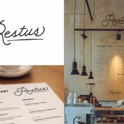 Eleganckie logo 'Restus' w trzech odsłonach: jako samodzielny znak, na karcie menu kawiarni w Toruniu oraz nadrukowane na drewnianej ścianie lokalu z oświetleniem.