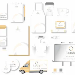 Zestaw elementów identyfikacji wizualnej restauracji Rondo, obejmujący wizytówki, papier firmowy, notatnik, długopis, opakowanie, kubek, torbę, kopertę, koszulkę polo, pendrive, billboard, telefon,...