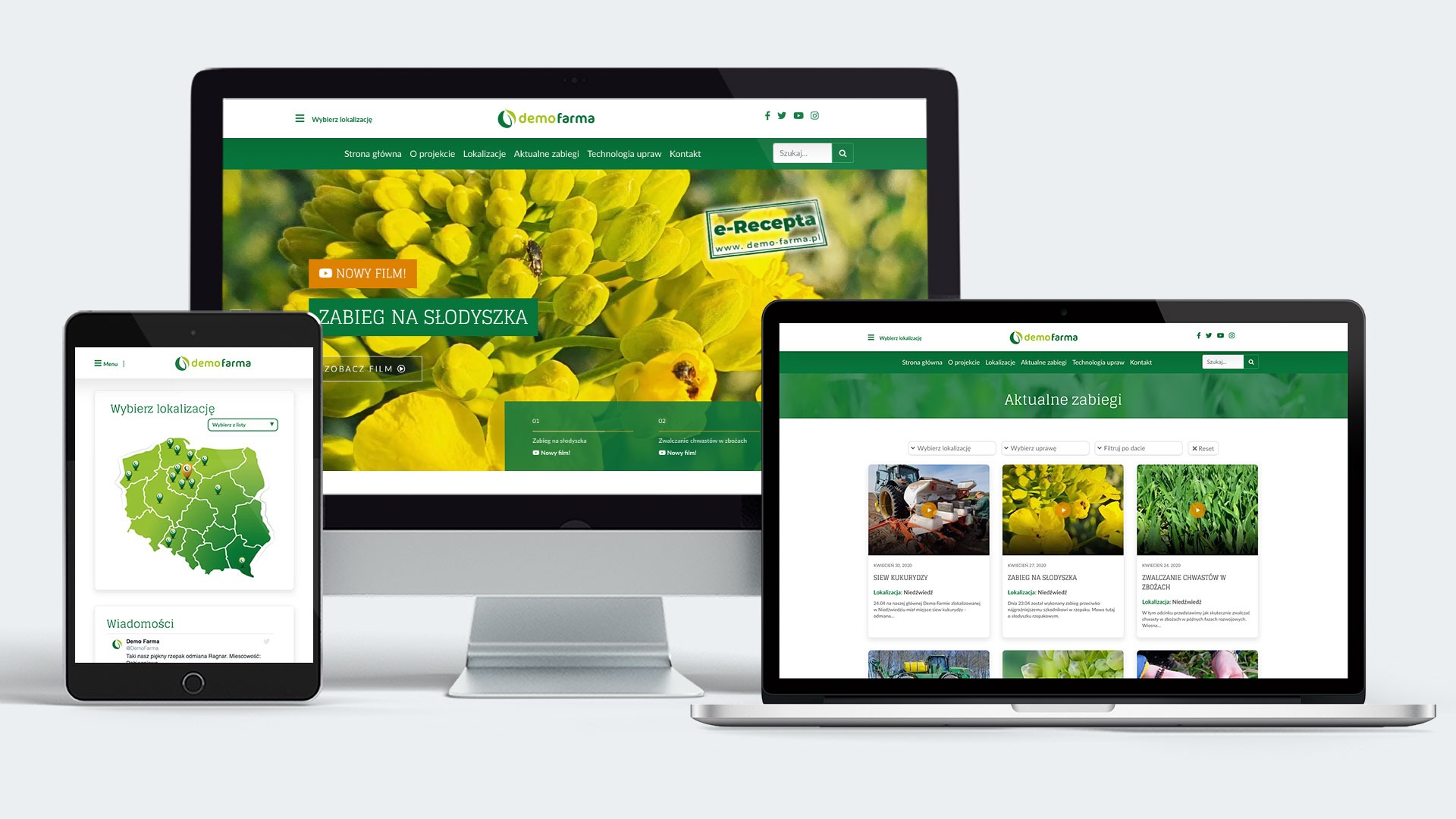 Responsywna strona internetowa DemoFarma wyświetlana na monitorze, laptopie i tablecie, prezentująca aktualne zabiegi rolnicze, w tym zabieg na słodyszka z żółtymi kwiatami rzepaku.