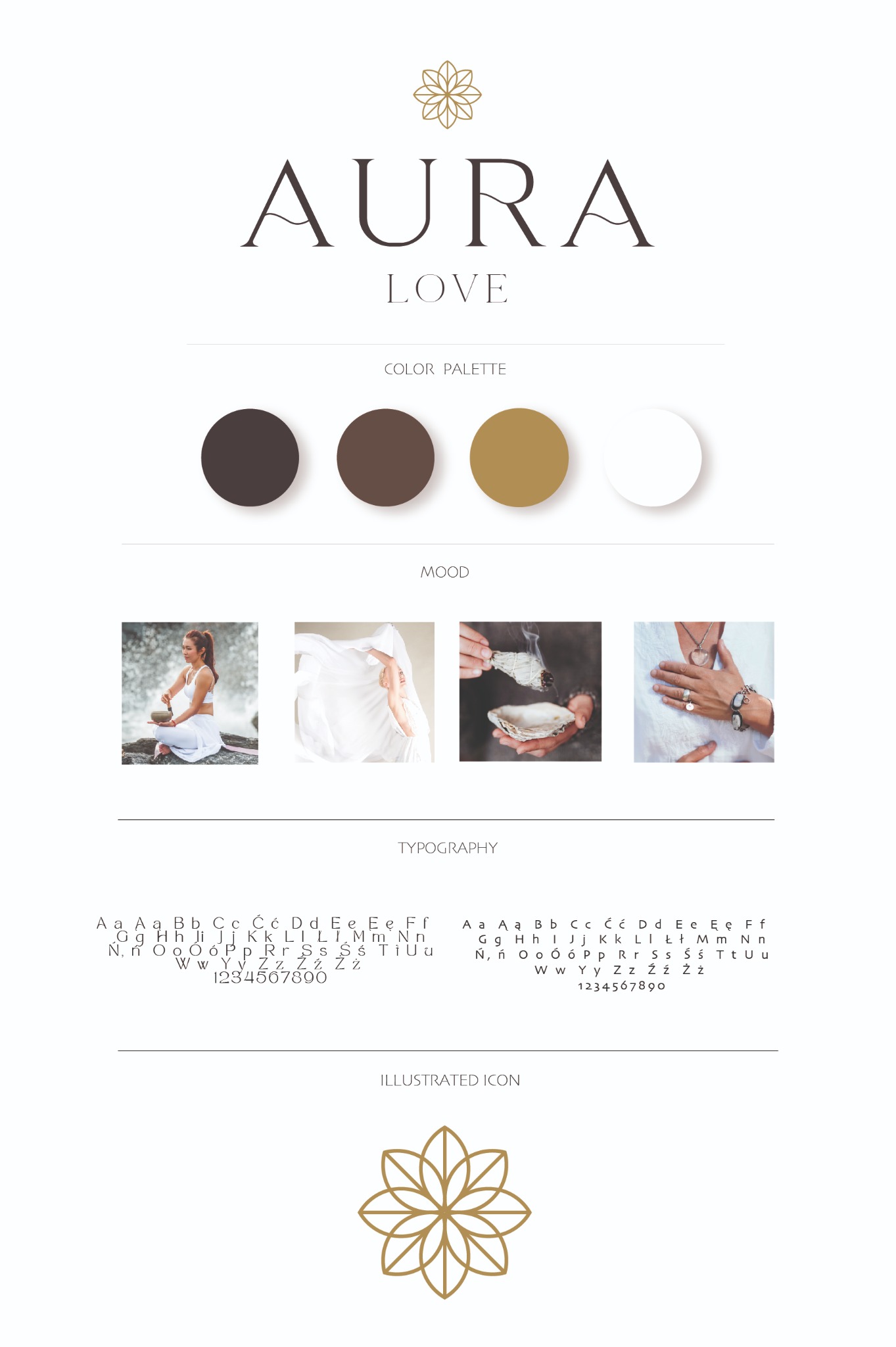 Prezentacja wizualna marki Aura Love, zawierająca logo z motywem kwiatowym, paletę kolorów w odcieniach brązu i beżu, zdjęcia nastrojowe z kobietą, dymiącą białą szałwią i biżuterią, oraz przykłady...