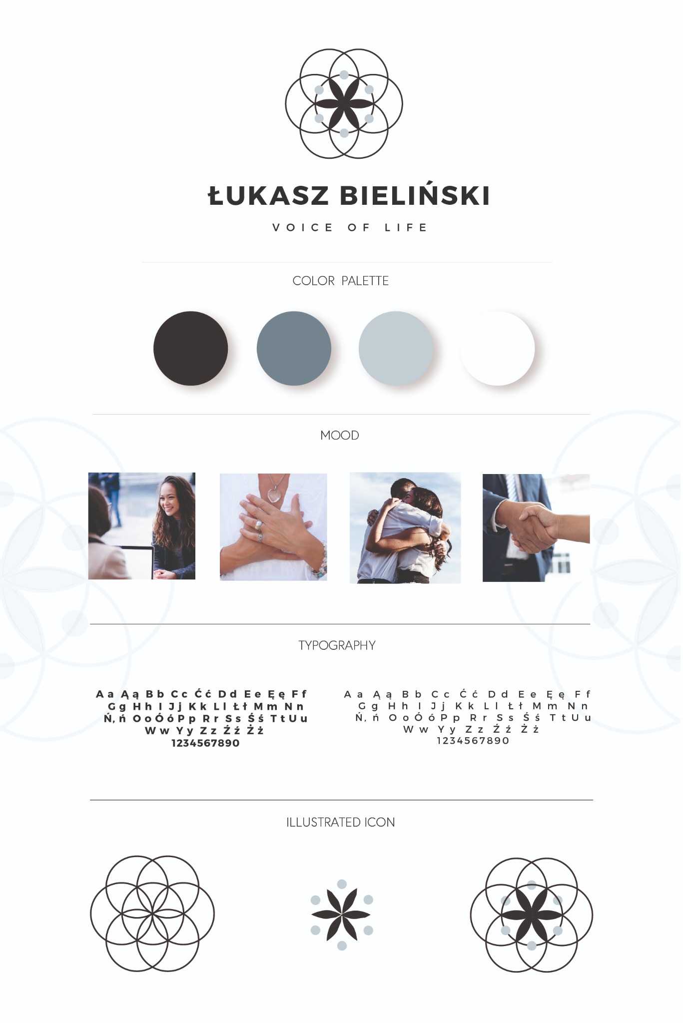 Prezentacja identyfikacji wizualnej firmy Łukasz Bieliński: logo z motywem kwiatowym, paleta kolorów w odcieniach szarości, zdjęcia nastrojowe przedstawiające relacje i zaufanie, oraz przykłady...