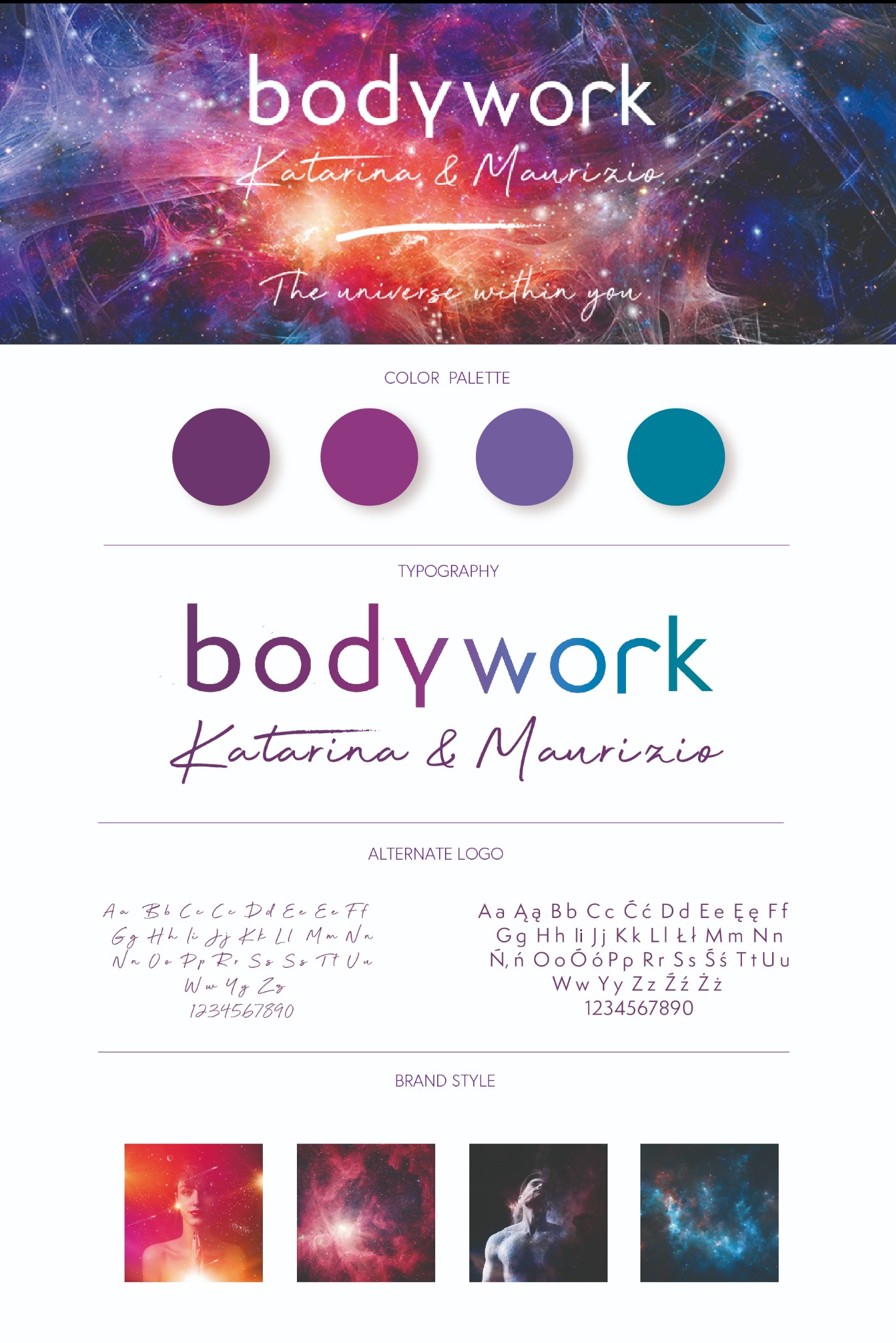 Prezentacja identyfikacji wizualnej marki Bodywork: logo z motywem kosmicznym, paleta kolorów w odcieniach fioletu i turkusu, typografia oraz przykładowe zdjęcia w stylu marki.