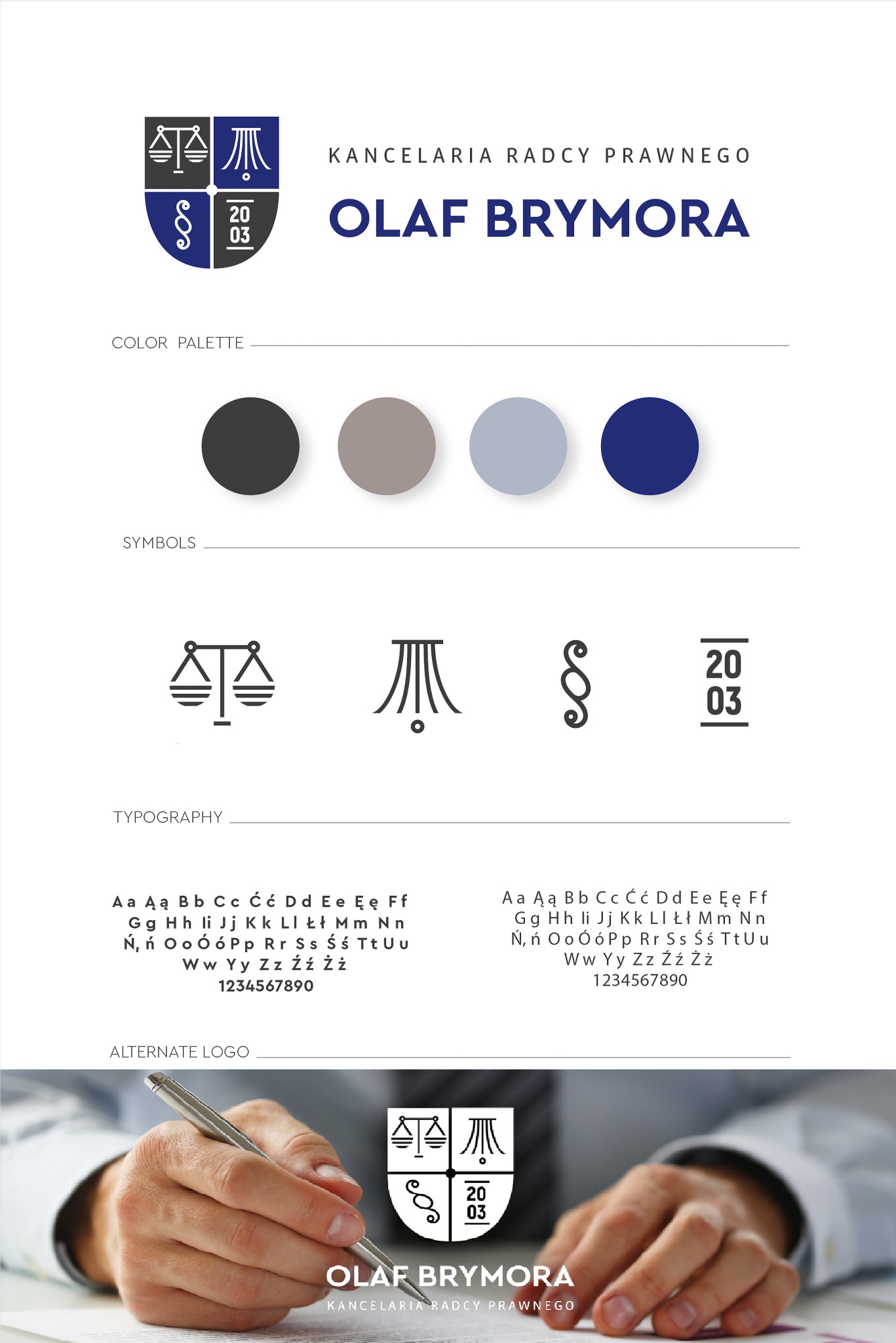 Prezentacja identyfikacji wizualnej kancelarii radcy prawnego Olaf Brymora, obejmująca logo, paletę kolorów, symbole, typografię i alternatywne logo w kontekście pisania dokumentu.