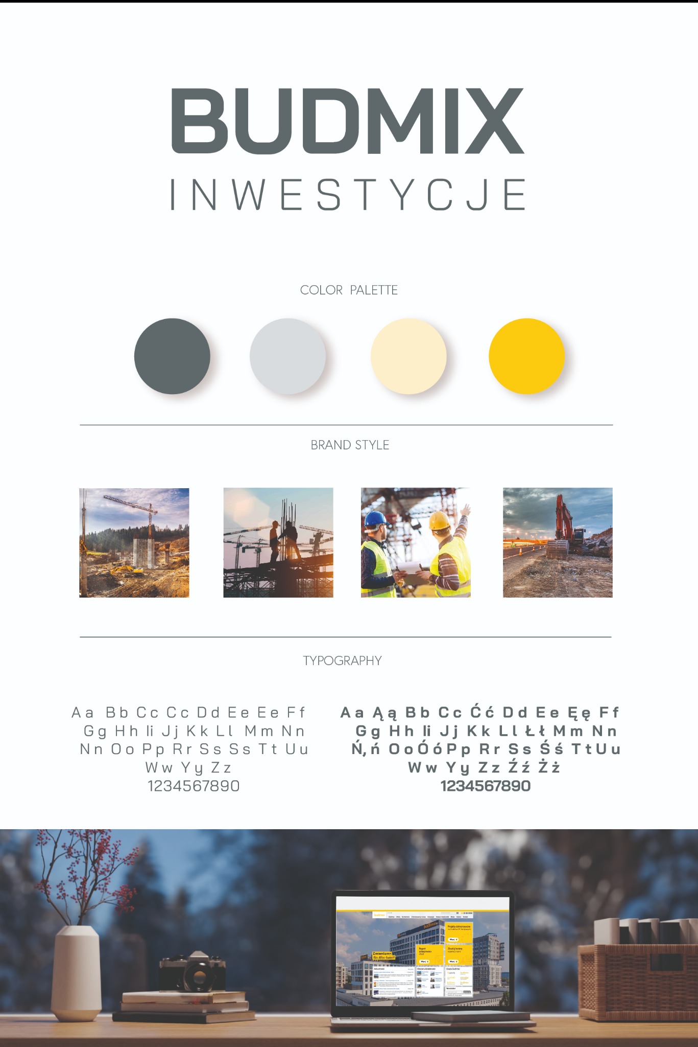 Prezentacja wizualna marki Budmix Inwestycje: paleta kolorów, typografia i zdjęcia z budowy, wyświetlana na ekranie laptopa umieszczonego na biurku z wazonem i kamerą.