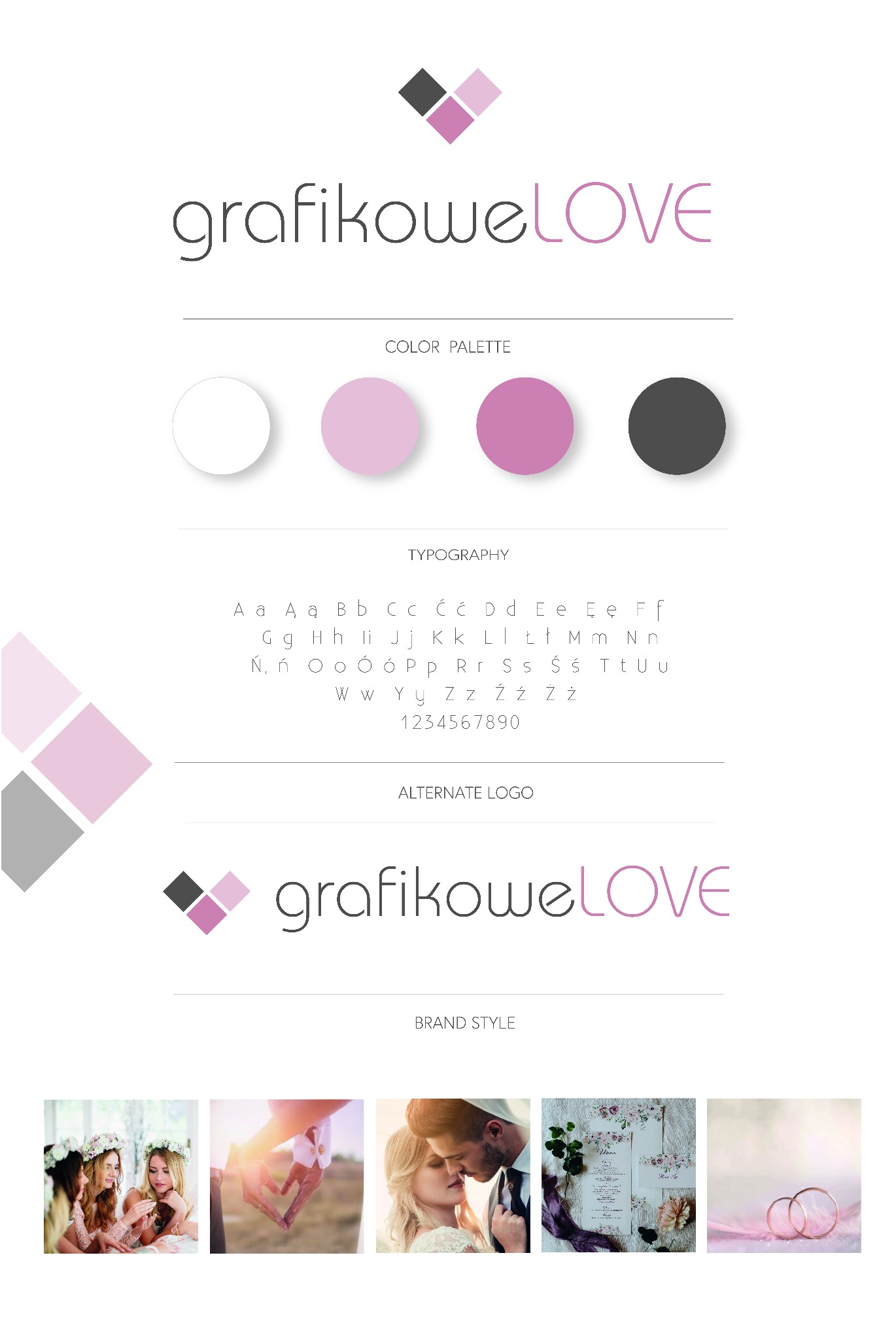 Prezentacja identyfikacji wizualnej firmy GrafikoweLove z paletą kolorów, typografią i przykładami zastosowania w fotografii ślubnej oraz papeterii.