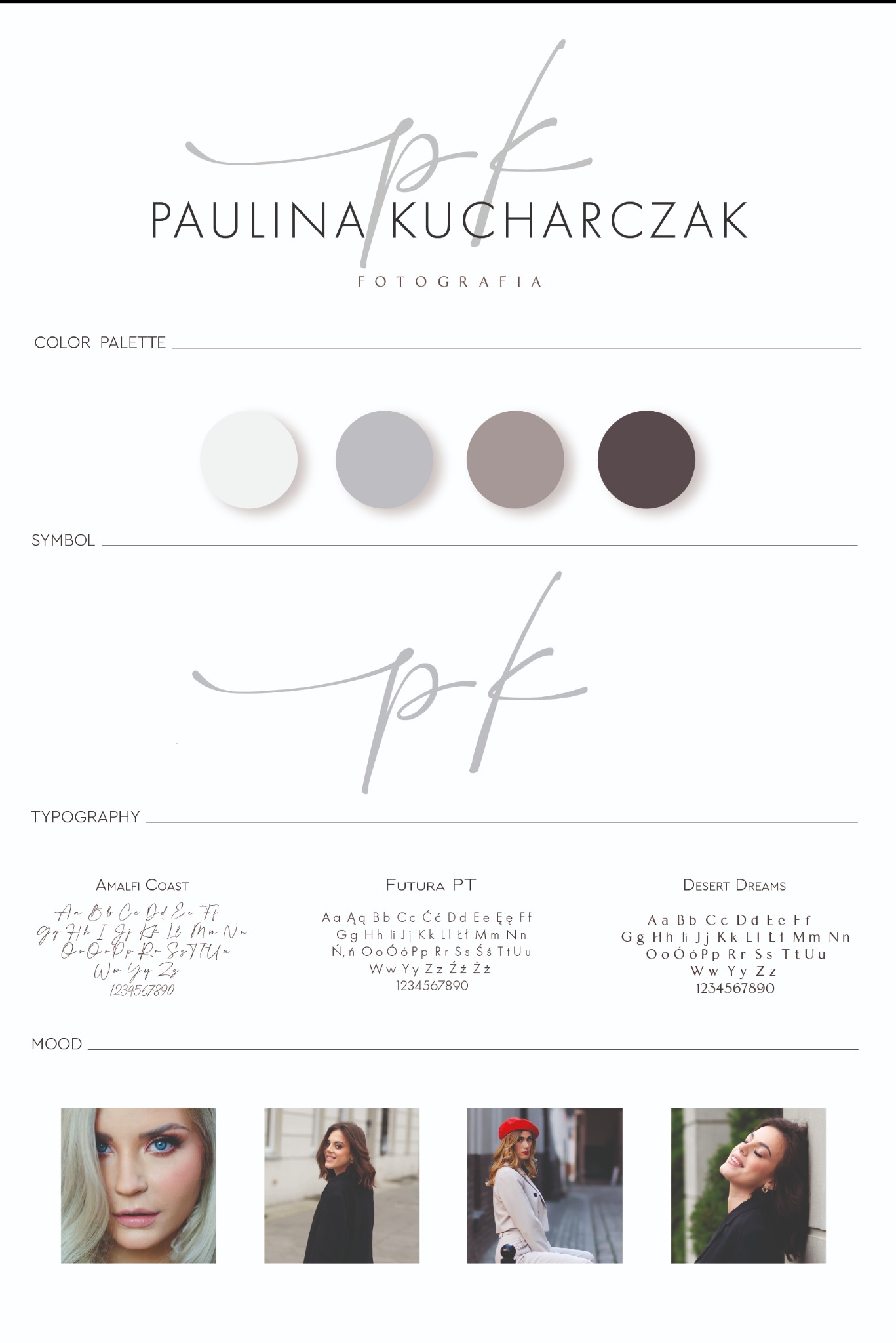 Prezentacja identyfikacji wizualnej fotografa: logo z inicjałami, paleta kolorów w odcieniach szarości i brązu, przykładowe kroje pisma oraz zdjęcia portretowe w sekcji 'mood'.