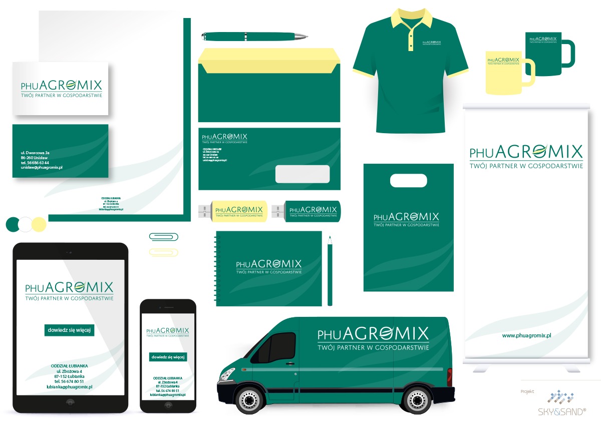 Kompletna identyfikacja wizualna firmy PHUAGROMIX, obejmująca wizytówki, papier firmowy, koperty, długopis, pendrive, notes, torbę reklamową, koszulkę polo, kubki, roll-up oraz oklejoną firmowym...