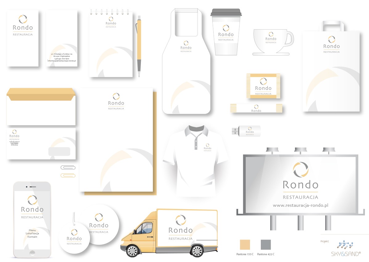 Zestaw elementów identyfikacji wizualnej restauracji Rondo, obejmujący wizytówki, papier firmowy, notatnik, długopis, opakowanie, kubek, torbę, kopertę, koszulkę polo, pendrive, billboard, telefon,...