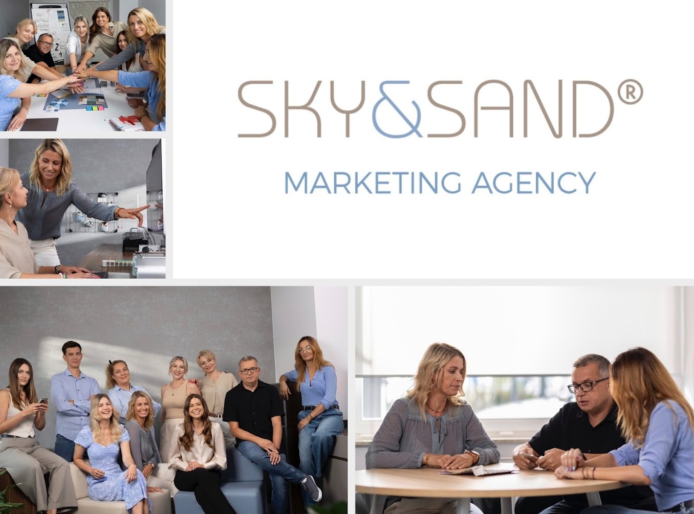 Kolaż przedstawiający zespół agencji marketingowej Sky&Sand w różnych sytuacjach: burza mózgów nad paletą kolorów, konsultacje z klientem przy biurku i sesja zdjęciowa całej załogi na tle szarej...