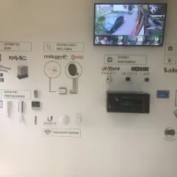 Ekspozycja na ścianie prezentująca systemy automatyki bram, telewizji satelitarnej, monitoringu, inteligentnego domu, alarmowe, domofony, sieci komputerowe oraz przykładowe urządzenia i logotypy...