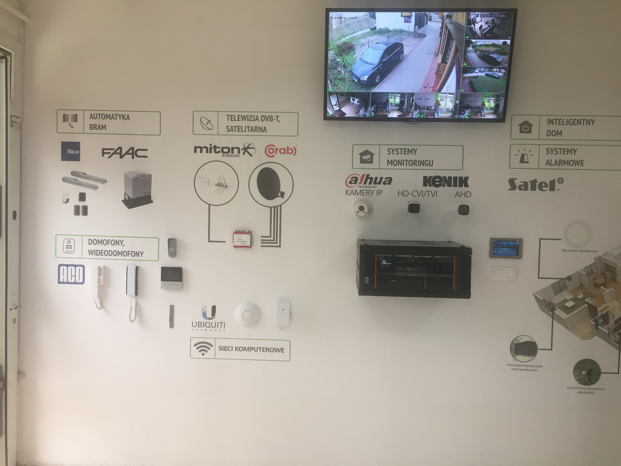Ekspozycja na ścianie prezentująca systemy automatyki bram, telewizji satelitarnej, monitoringu, inteligentnego domu, alarmowe, domofony, sieci komputerowe oraz przykładowe urządzenia i logotypy...
