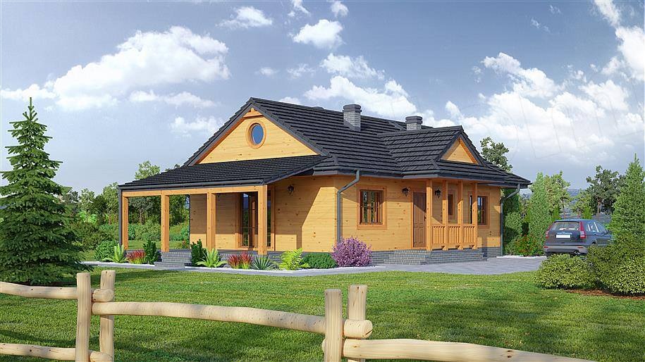 Wizualizacja parterowego domu z drewna z zadaszonym tarasem, okrągłym oknem na poddaszu i ciemną dachówką, otoczonego zielonym trawnikiem i drewnianym płotem.