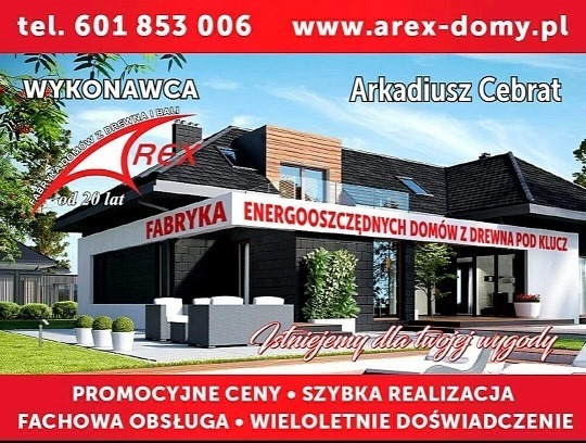 Zdjęcie reklamowe firmy AREX DOMY prezentujące wizualizację nowoczesnego domu z płaskim dachem, z napisem 'Fabryka energooszczędnych domów z drewna pod klucz' i informacjami kontaktowymi.