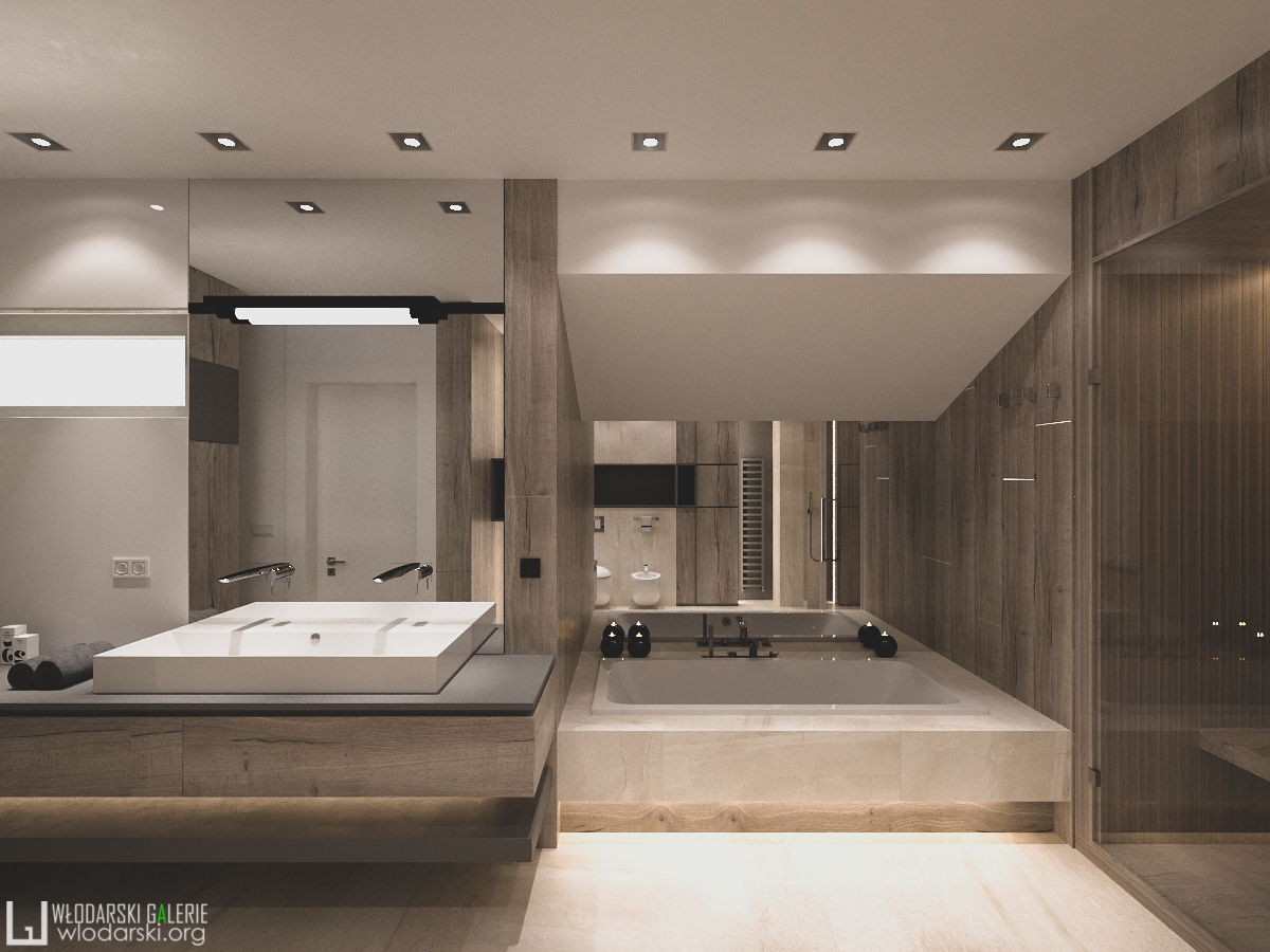 Nowoczesna łazienka z drewnianymi panelami, podświetlaną wanną i umywalką na blacie, minimalistyczne krany, duże lustro i oświetlenie punktowe.