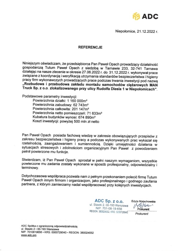 Referencje od ADC Sp. z o.o. dla firmy Tutum Paweł Opach za koordynację i weryfikację standardów BHP podczas rozbudowy zakładu. Dokument z datą i podpisem.