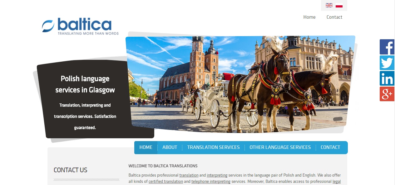Strona internetowa firmy Baltica Translations z ofertą usług językowych w Glasgow, na tle zdjęcia Rynku Głównego w Krakowie z dorożkami.