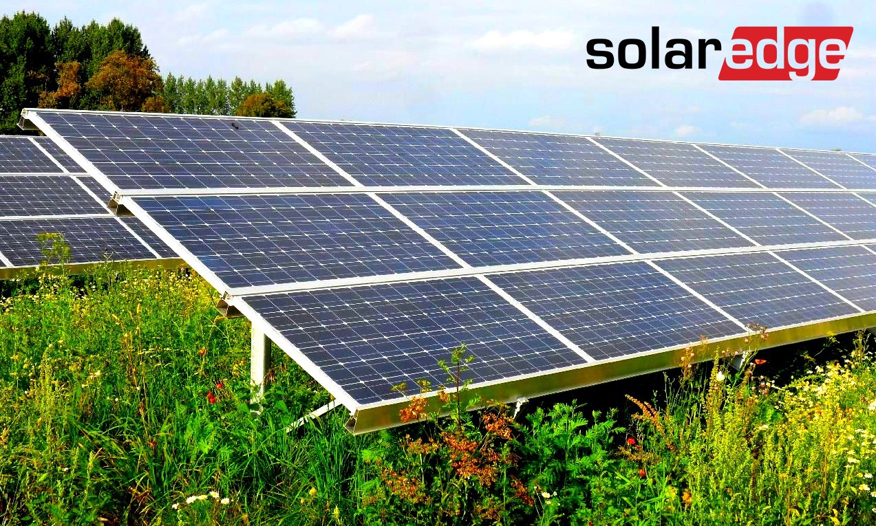 Rząd paneli słonecznych marki SolarEdge, zainstalowanych na łące z dzikimi kwiatami, pod lekkim kątem.