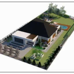 Wizualizacja 3D domu jednorodzinnego z ogrodem, basenem i altaną, widok z góry pod kątem, z logo architekta krajobrazu w prawym dolnym rogu.