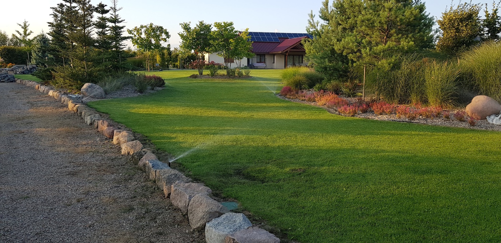 Rozległy, zadbany trawnik z automatycznym systemem nawadniania, obrzeża z kamienia, ozdobne nasadzenia i dom z panelami słonecznymi w tle.