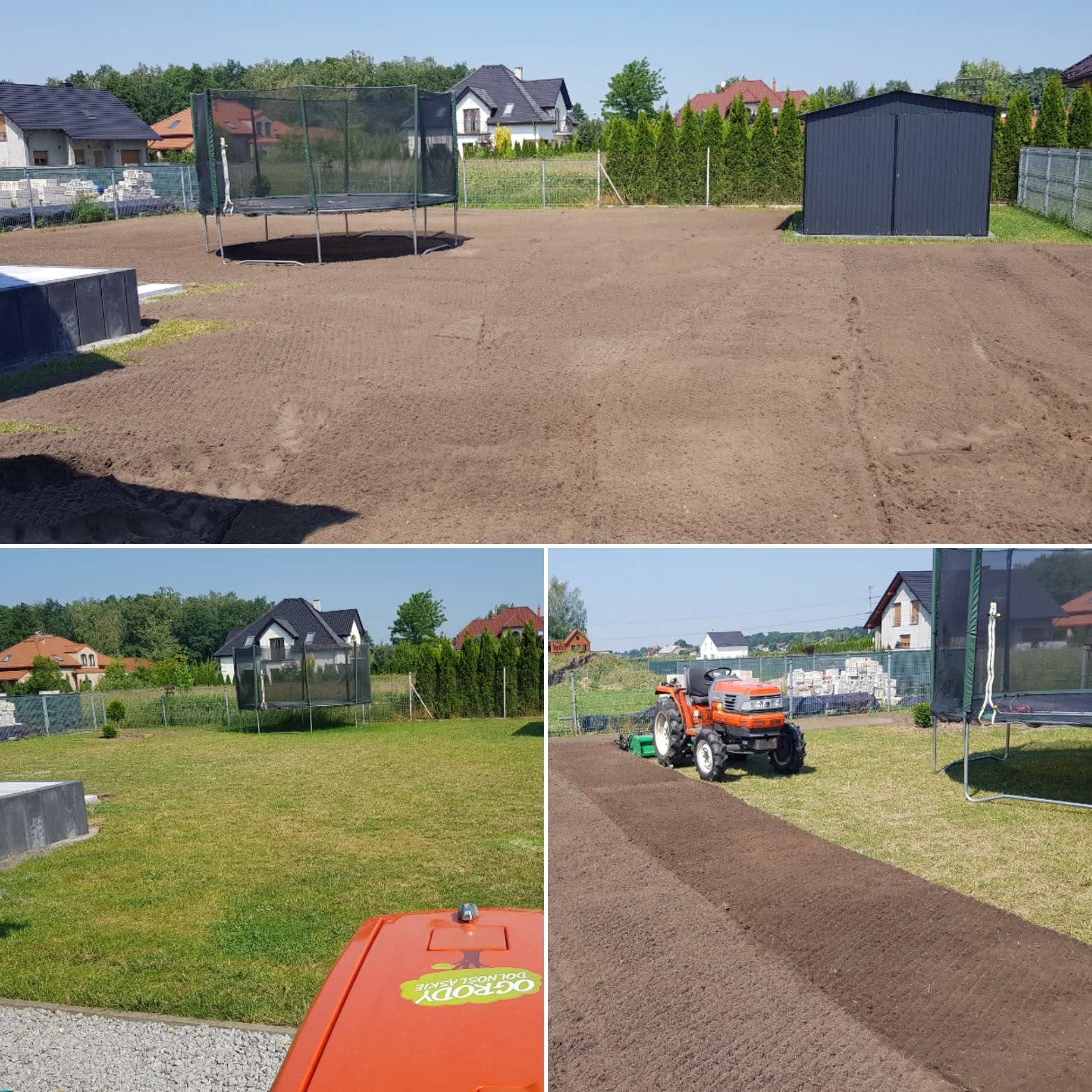 Przygotowanie ziemi pod trawnik za pomocą traktorka glebogryzarki, widoczny wyrównany teren z widocznymi śladami po maszynie, w tle trampolina i domek narzędziowy.
