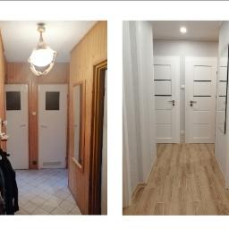 Usługi budowlano- remontowe Mateusz Gruchała - Korytarz przed i po: boazeria drewniana w odcieniach brązu zastąpiona gładkimi, białymi ścianami; stara terakota zamieniona na panele podłogowe imitujące drewno; widoczna różnica w oświetleniu...
