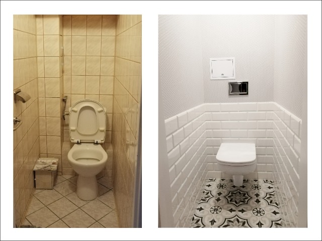 Porównanie toalety przed i po renowacji: po lewej stronie toaleta z beżowymi płytkami i otwartą deską klozetową, po prawej odnowiona toaleta z białymi płytkami typu metro, wzorzystą podłogą...