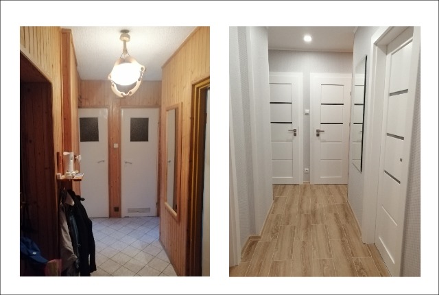 Korytarz przed i po: boazeria drewniana w odcieniach brązu zastąpiona gładkimi, białymi ścianami; stara terakota zamieniona na panele podłogowe imitujące drewno; widoczna różnica w oświetleniu...
