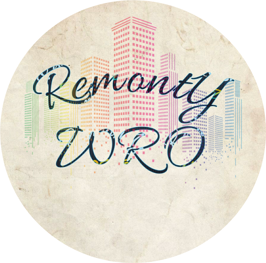 Grafika w okręgu z napisem 'Remonty WRO' na tle stylizowanych, kolorowych budynków miejskich na teksturowanym tle.