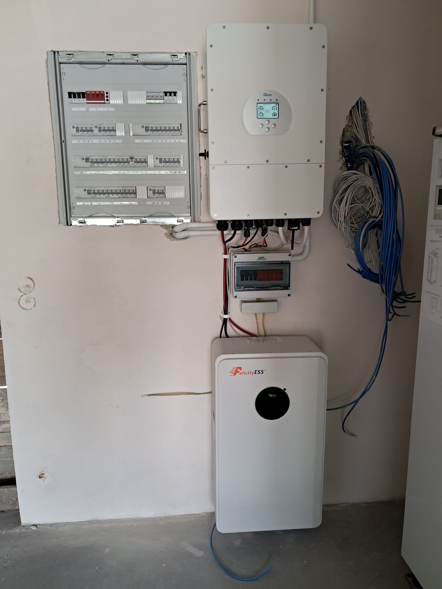 Instalacja elektryczna z inwerterem i magazynem energii Felicity ESS w Bielsko-Białej. Widoczna skrzynka z bezpiecznikami i okablowanie.