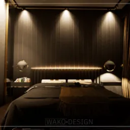 Nowoczesna sypialnia z ciemnymi ścianami, złotymi akcentami i drewnianą podłogą, oświetlona punktowymi lampami. Na ścianie dekoracyjne panele z subtelnym wzorem. Po lewej stronie widoczny fragment...