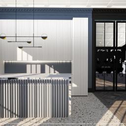 Wako Design - Wizualizacja kuchni w stylu Art Deco: białe, pionowo żłobkowane fronty szafek, wyspa kuchenna z szarym blatem i żłobieniami, wiszące lampy z elementami złota, czarne, szklane drzwi z okrągłymi...