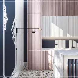 Kuchnia w stylu Art Deco: różowe i białe lamele na ścianie, czarne zdobienia na granatowej ścianie, bateria umywalkowa w minimalistycznym stylu, podłoga lastryko, oświetlenie punktowe.