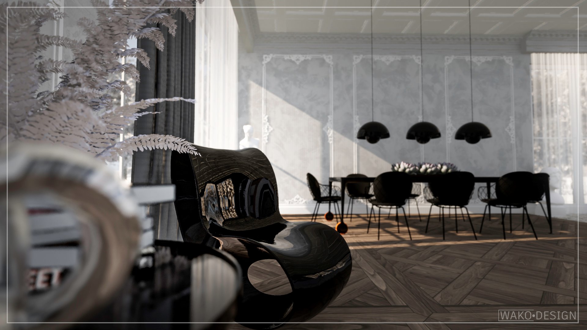 Jadalnia w stylu modern classic z elementami art deco: czarne krzesła, stół z kwiatami, parkiet w jodełkę, designerski fotel z lakierowanego drewna na pierwszym planie, dekoracyjne sztukaterie...