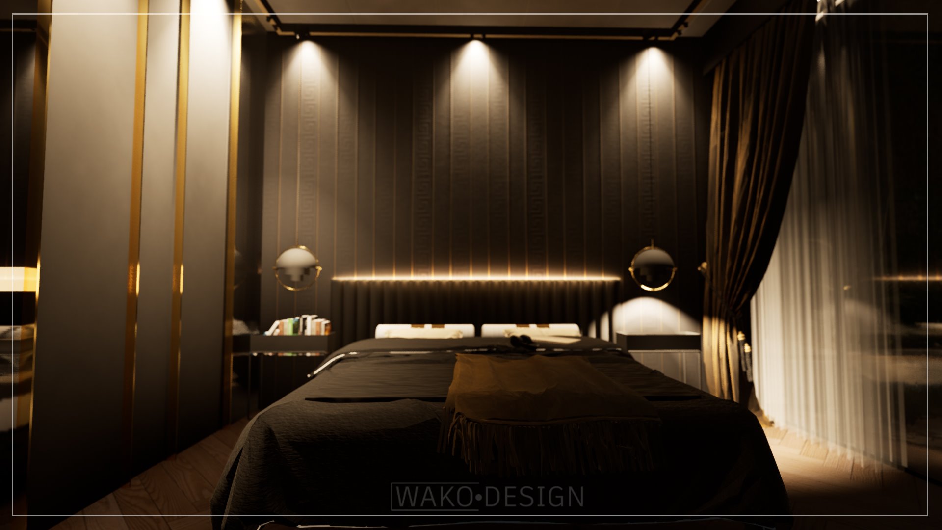 Nowoczesna sypialnia z ciemnymi ścianami, złotymi akcentami i drewnianą podłogą, oświetlona punktowymi lampami. Na ścianie dekoracyjne panele z subtelnym wzorem. Po lewej stronie widoczny fragment...