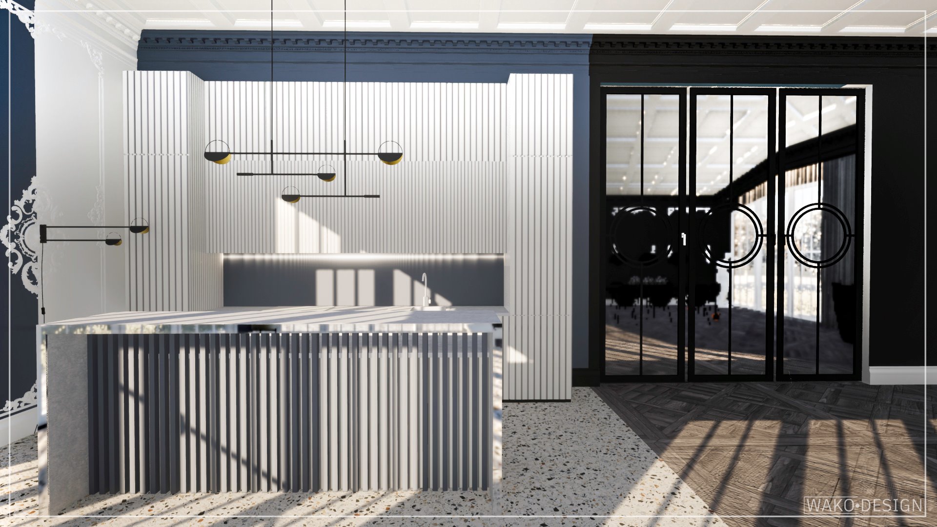 Wizualizacja kuchni w stylu Art Deco: białe, pionowo żłobkowane fronty szafek, wyspa kuchenna z szarym blatem i żłobieniami, wiszące lampy z elementami złota, czarne, szklane drzwi z okrągłymi...