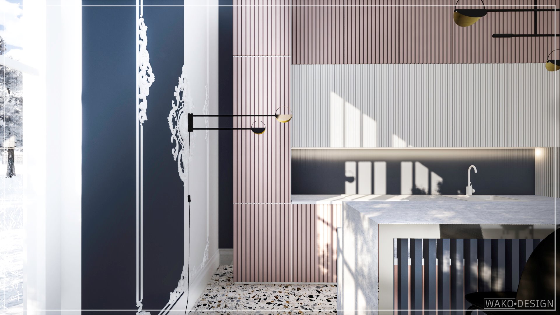 Kuchnia w stylu Art Deco: różowe i białe lamele na ścianie, czarne zdobienia na granatowej ścianie, bateria umywalkowa w minimalistycznym stylu, podłoga lastryko, oświetlenie punktowe.